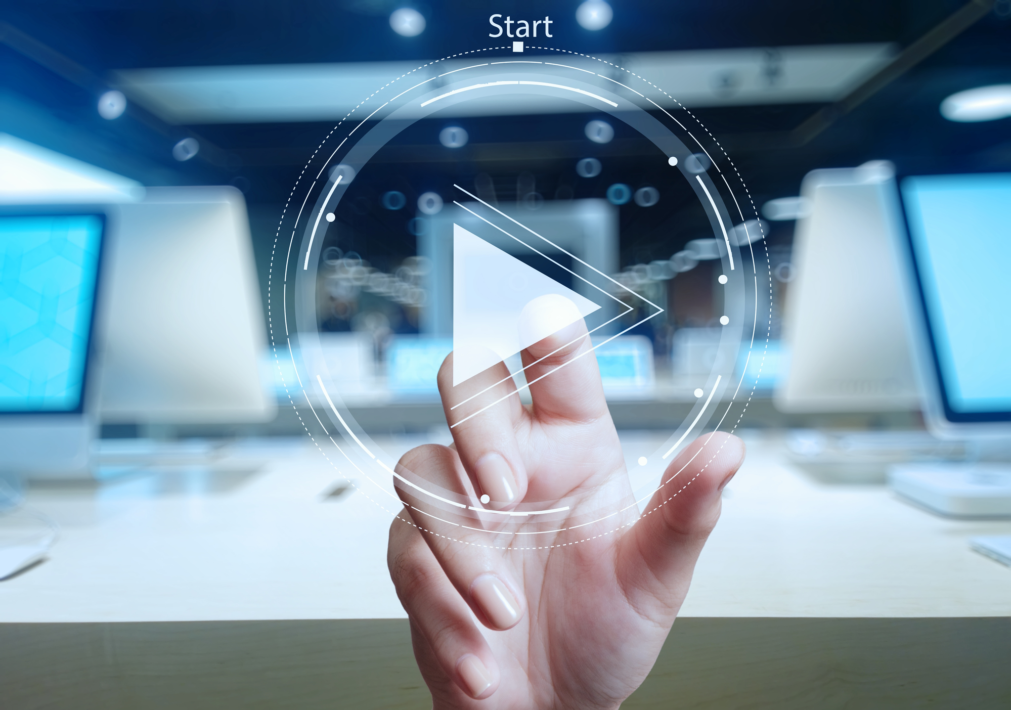 hand press play button sign to start or initiate projects as con